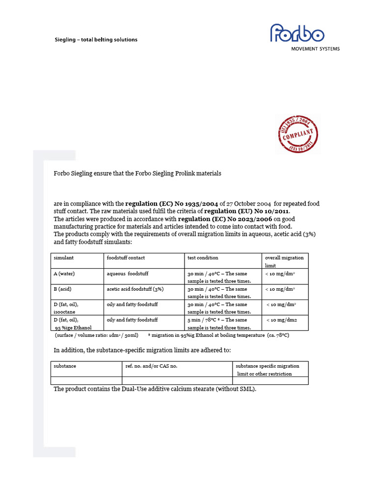 Prolink PP in UC FDA-EU Food Declaration of Compliance | PDF ...