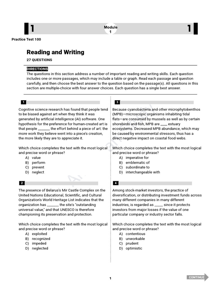 American Study Practice Test: Reading & Writing | PDF | Poetry