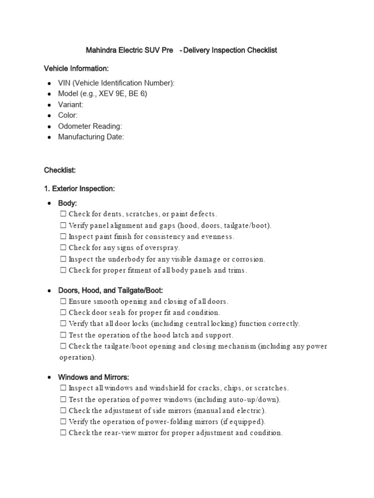 Mahindra Electric SUV Inspection Checklist | PDF | Land Vehicles ...