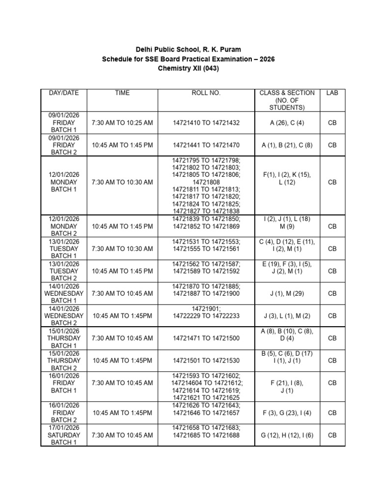 DPS R.K. Puram Chemistry Exam Schedule 2026 | PDF