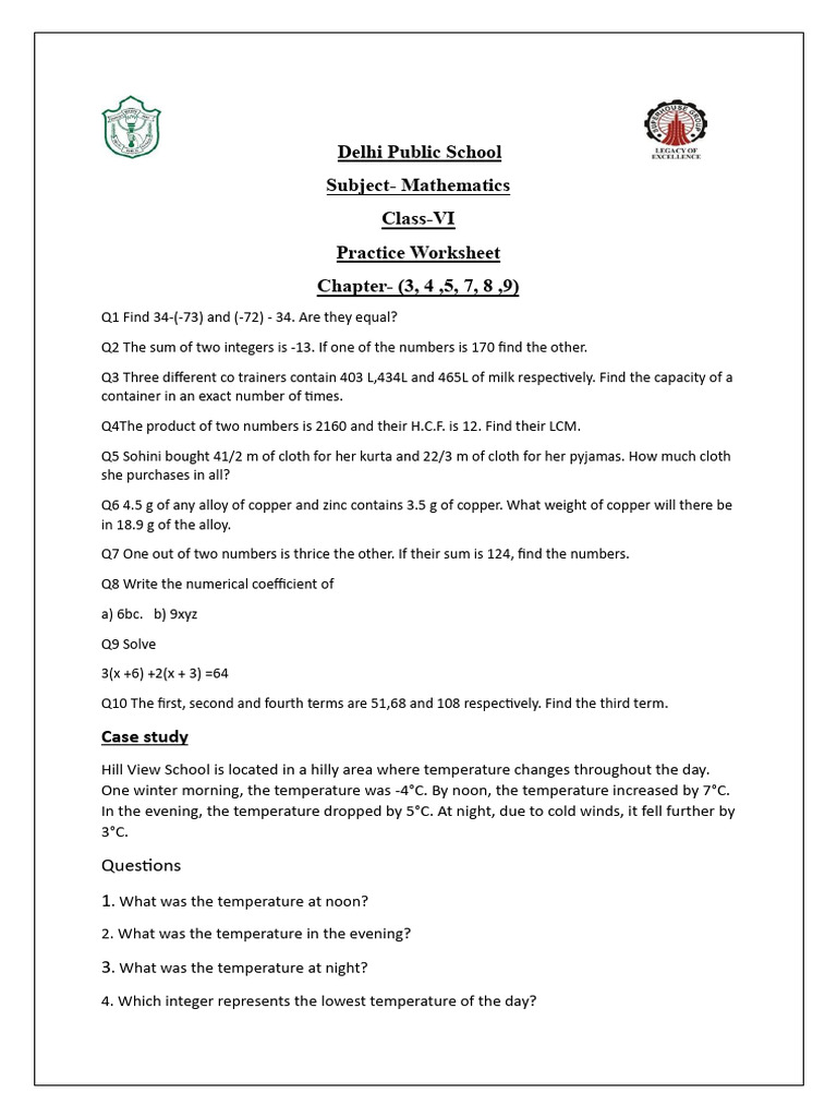 Class VI Math Practice Worksheet | PDF