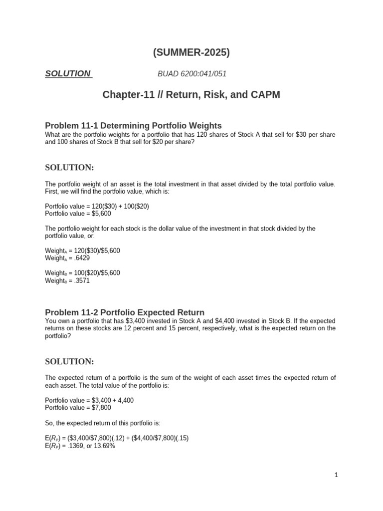 India - Summer 2025 Ch-11 HW - Solution | PDF | Capital Asset Pricing ...
