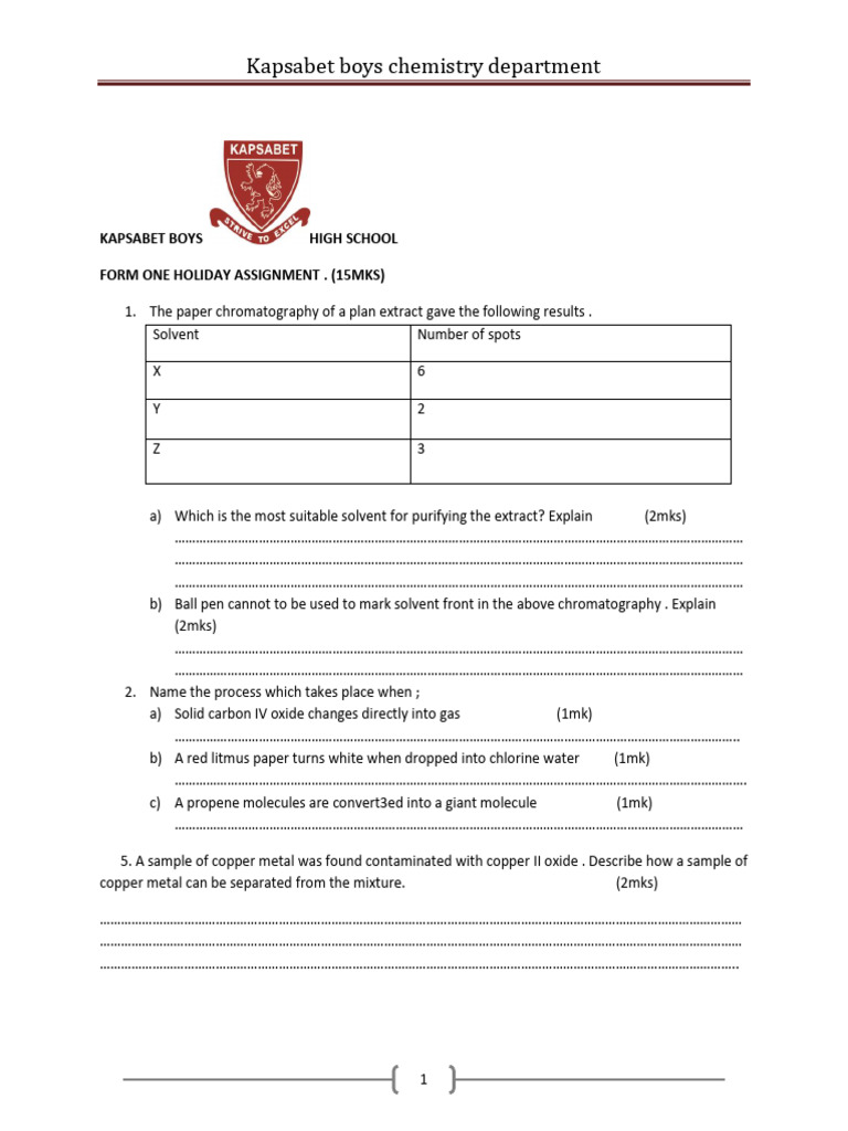 CHEMISTRY WEEK I Assignments - Form 1 - Chemistry | PDF | Chemical ...