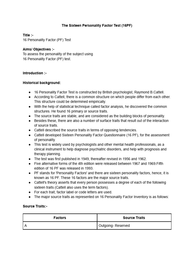 16PF Personality Assessment Overview | PDF | Mental Health | Psychology