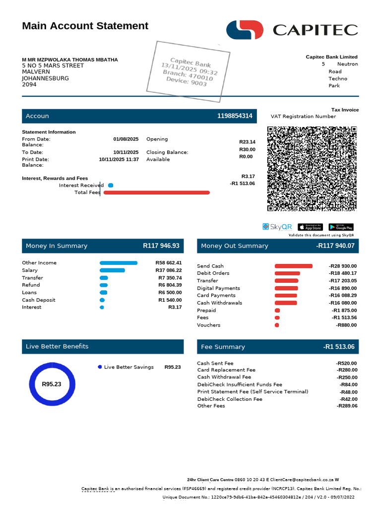 Capitec Bank Account Statement Summary | PDF | Banks | Credit Card