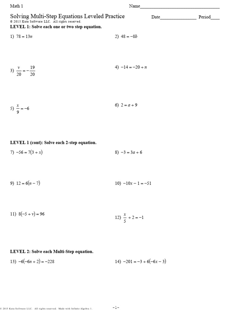 Solving Multi-Step Equations Leveled Practicestudent | PDF | Equations ...