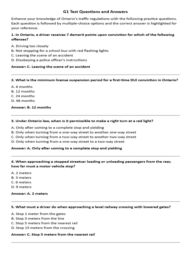 Ontario G1 Practice Test Questions | PDF | Traffic Light | Traffic