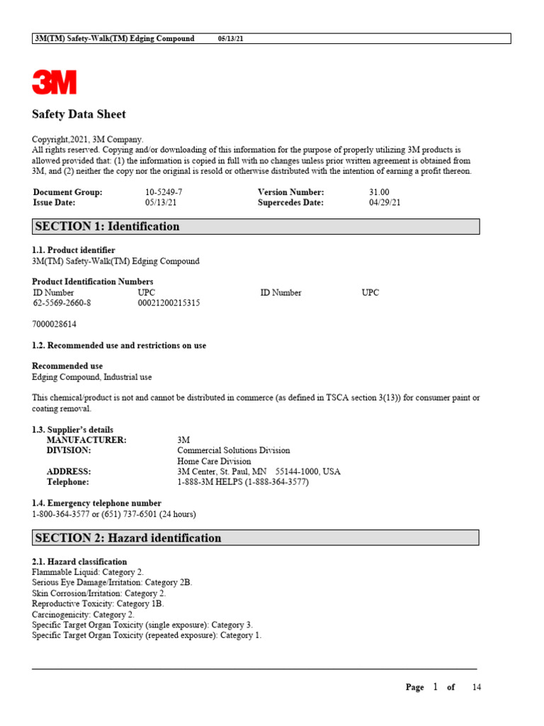 3M™ Safety-Walk™ Edging Compound | PDF | Toxicity | Toluene