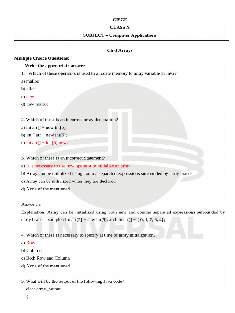 Java Arrays MCQs for Class X Students | PDF | Integer (Computer Science ...