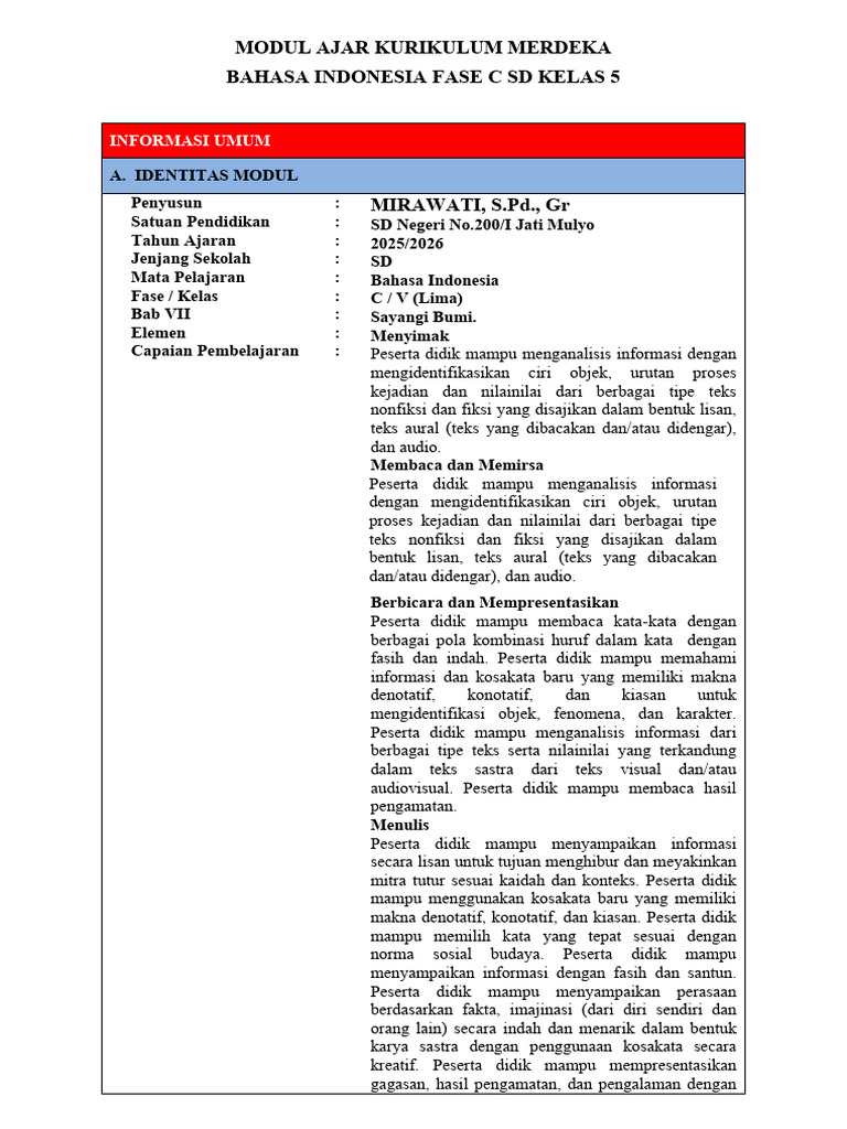 Modul Ajar Bahasa Indonesia Kelas 5 | PDF