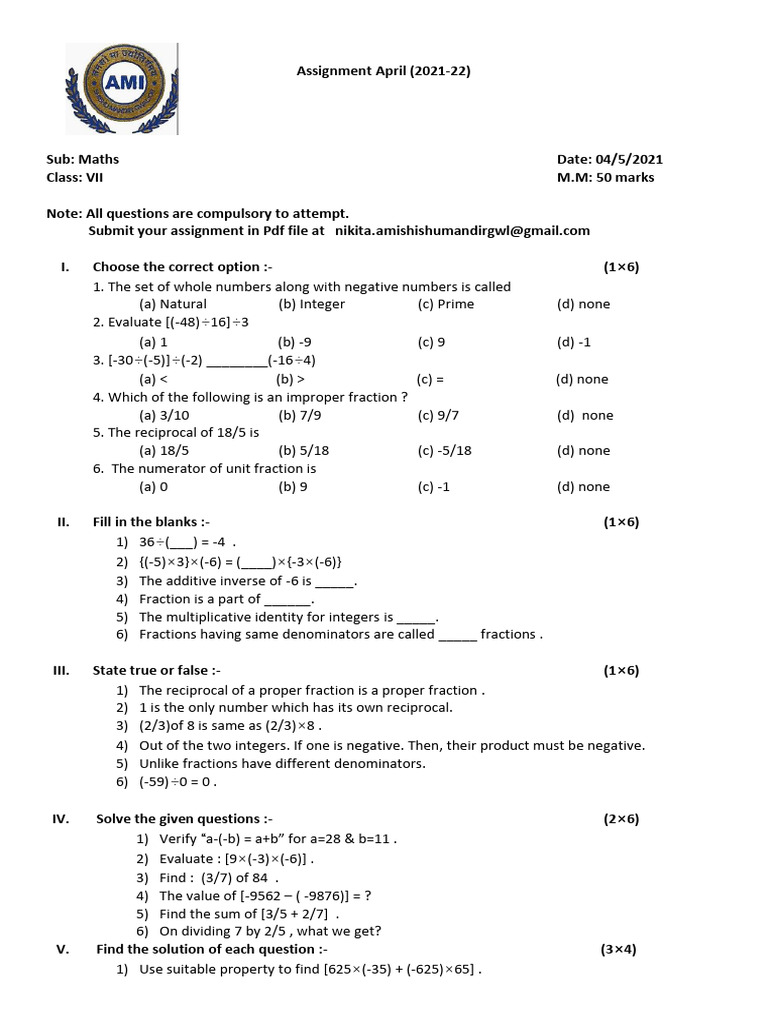 Class VII Maths Assignment April 2021 | PDF | Numbers | Elementary ...