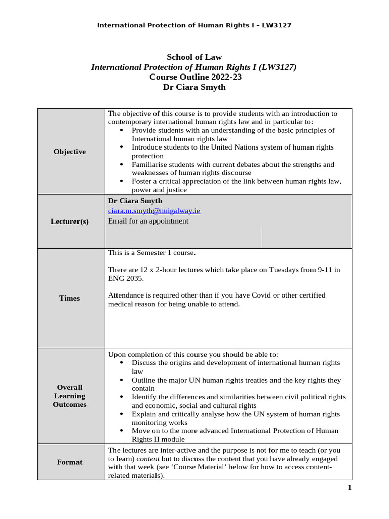 Course Outline IPHR 2022-23 2 | PDF | Human Rights | International Law