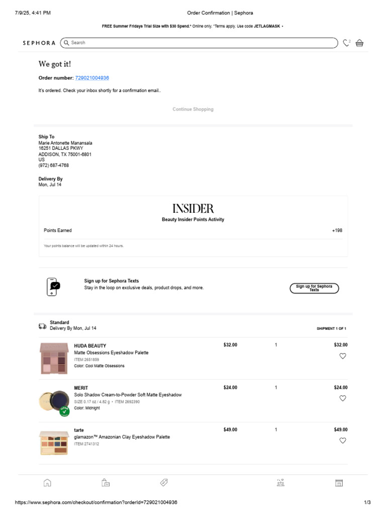 Order Confirmation _ Sephora_July 9 2025 | PDF