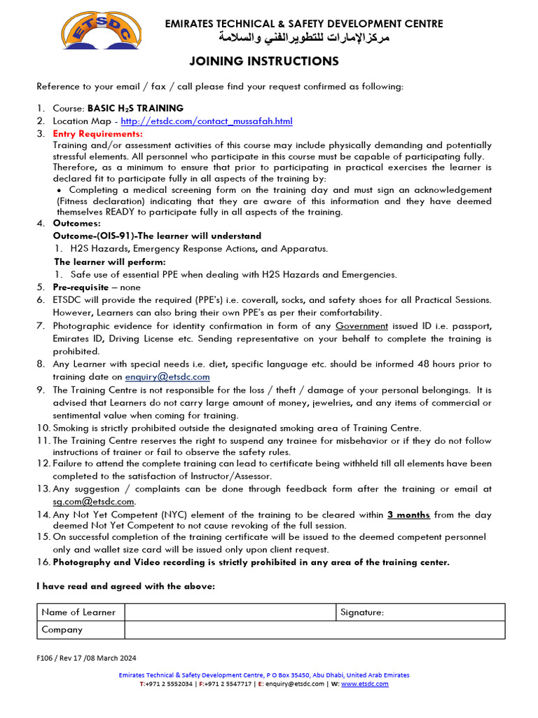 Basic H2S Training Joining Instructions | PDF | Personal Protective ...