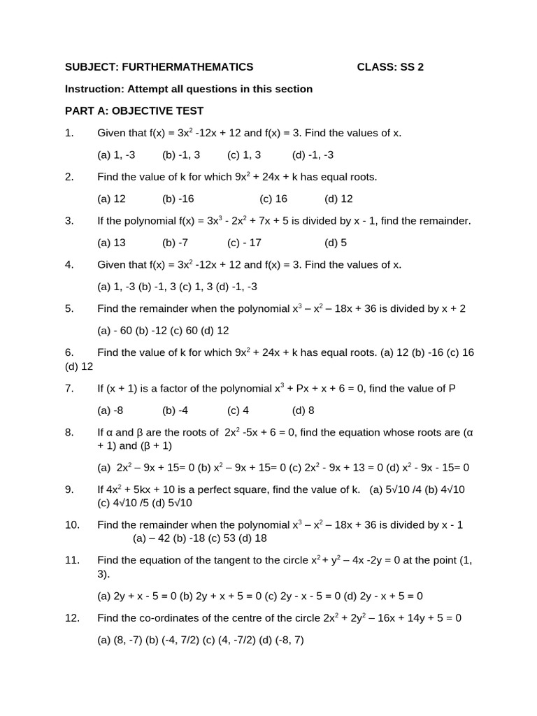 Further Mathematics Practice Questions | PDF | Factorization | Polynomial