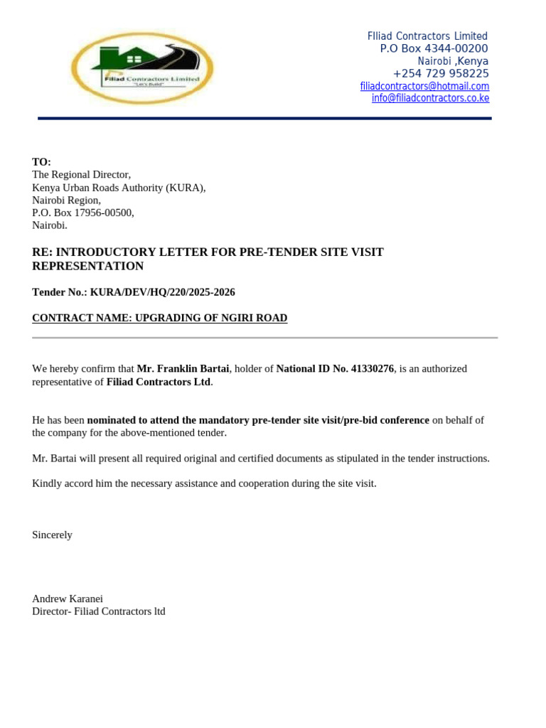 Pre-Tender Site Visit Authorization Letter | PDF