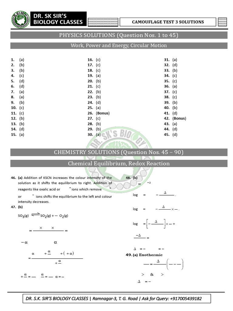 Camouflage Test 3 Solutions Guide | PDF | Chemical Equilibrium ...