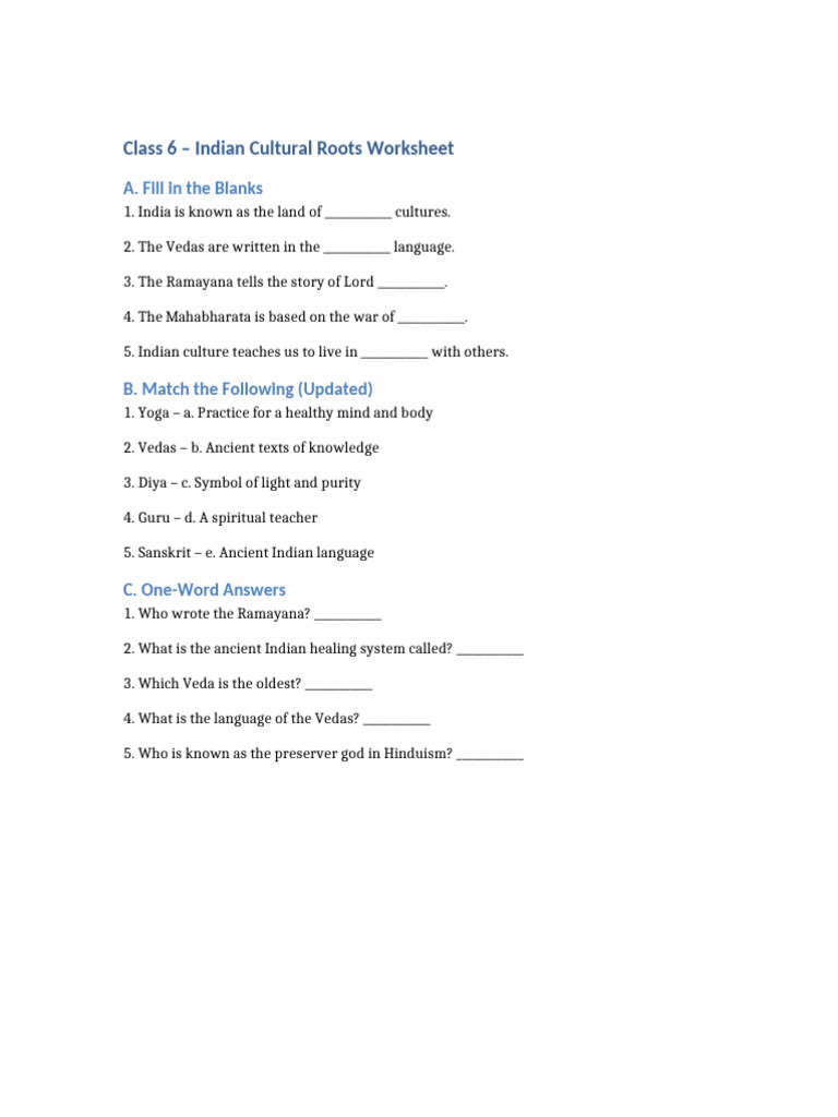 Class6 Indian Cultural Roots Worksheet Updated | PDF