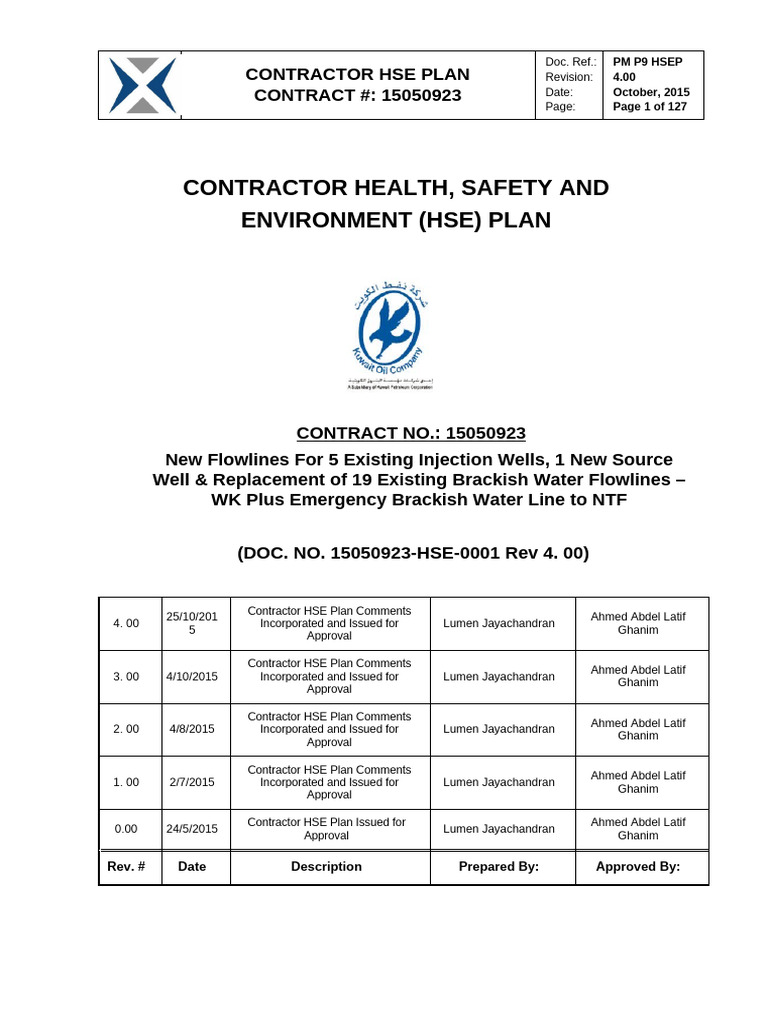 Contractor HSE Plan for Flowline Project | PDF | Safety | Waste