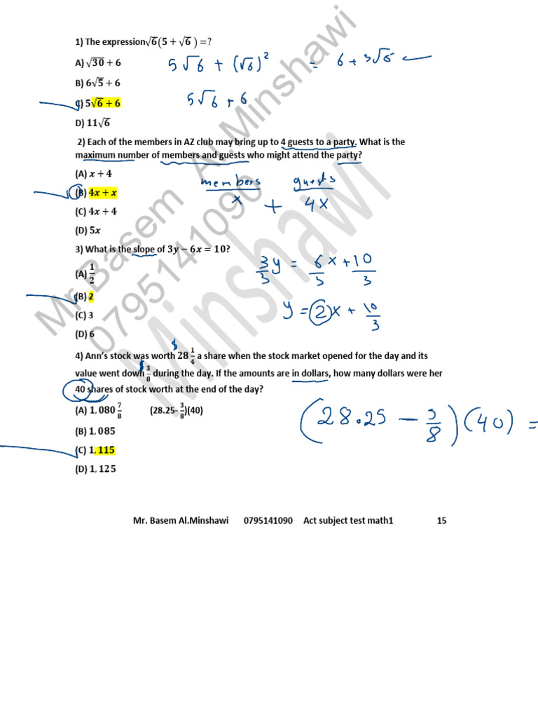 ACT Math Test Questions and Solutions | PDF | Mathematics | Elementary ...