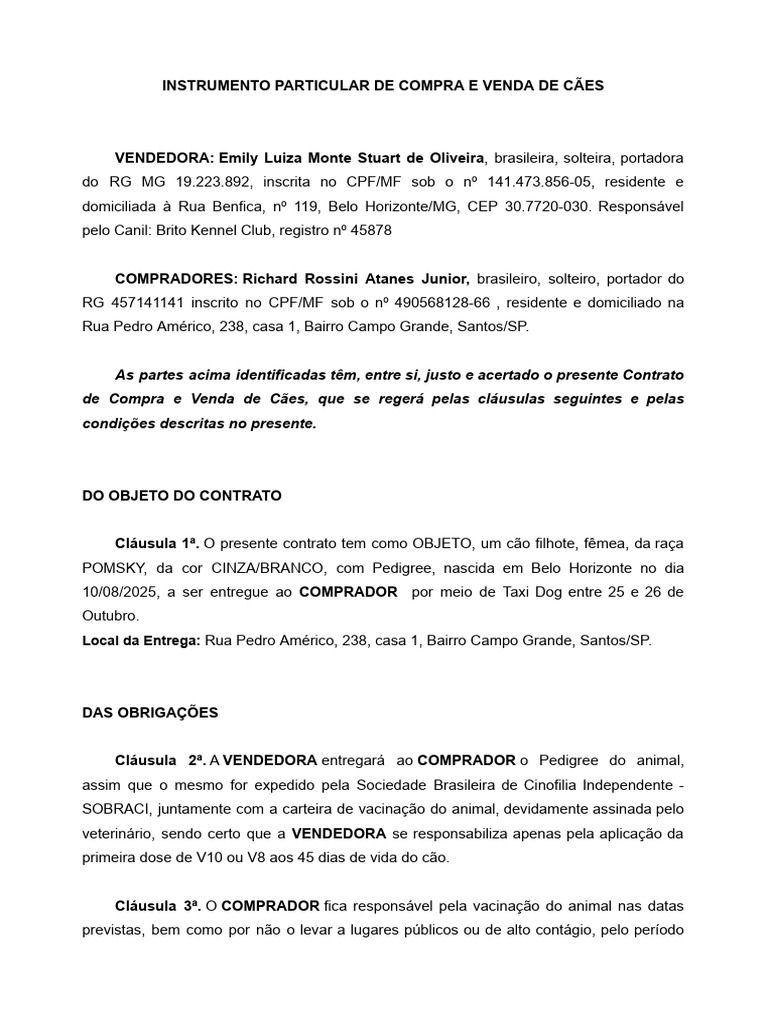 Contrato de Compra e Venda de Cão Pomsky | PDF | Cães | Medicina ...