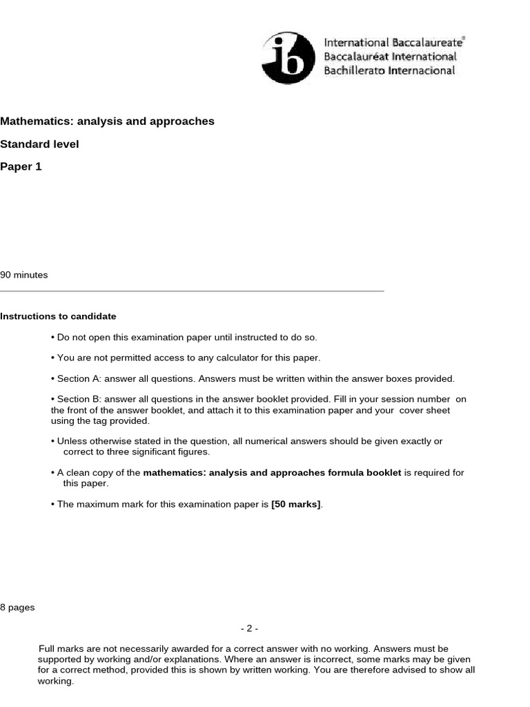 Mathematics Analysis Standard Level Exam | PDF | Mathematics ...