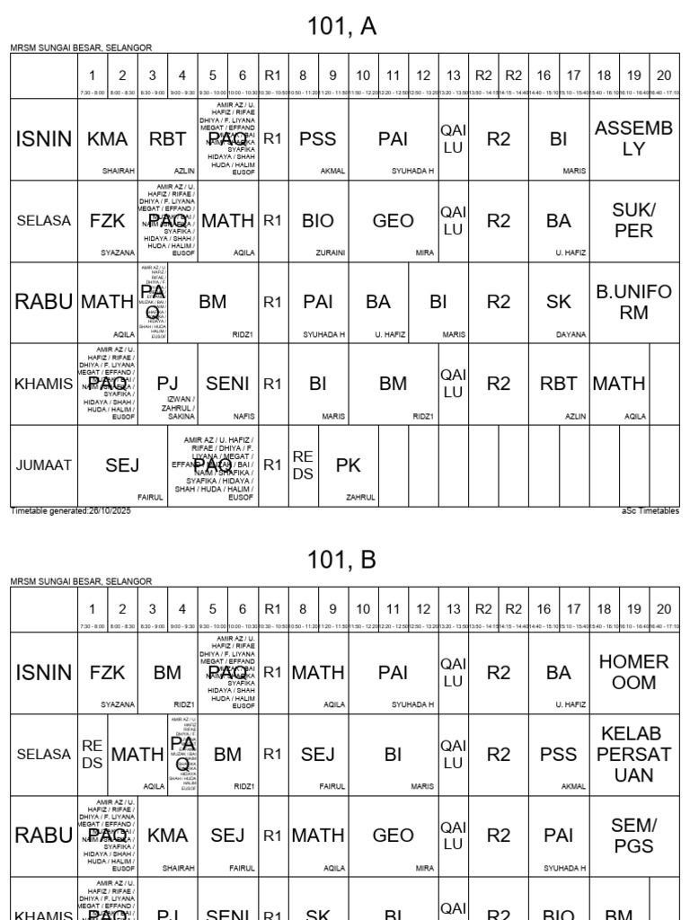 MRSM Sungai Besar Timetable 2025 | PDF