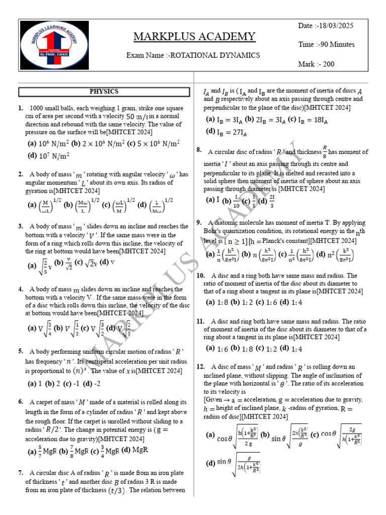 Rotational Dynamics Assigniment Que Paper | PDF | Rotation Around A ...