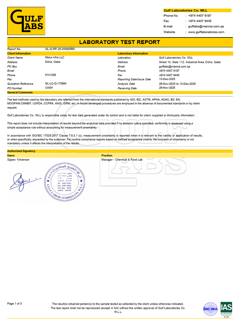 Gulf Laboratories Sea Water Test Report | PDF