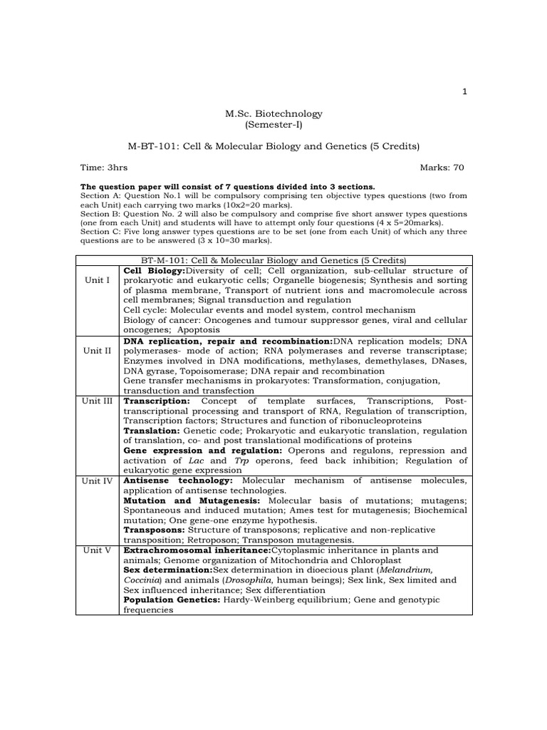 M.Sc. Biotechnology Semester-I Syllabus | PDF | Bacteria | Vector ...