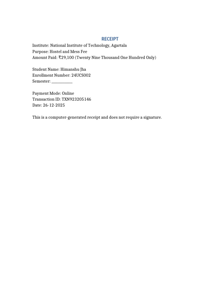 NIT Agartala Hostel Mess Fee Receipt Filled | PDF