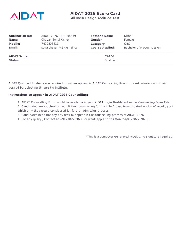 AIDAT 2026 Score Card and Counselling Info | PDF