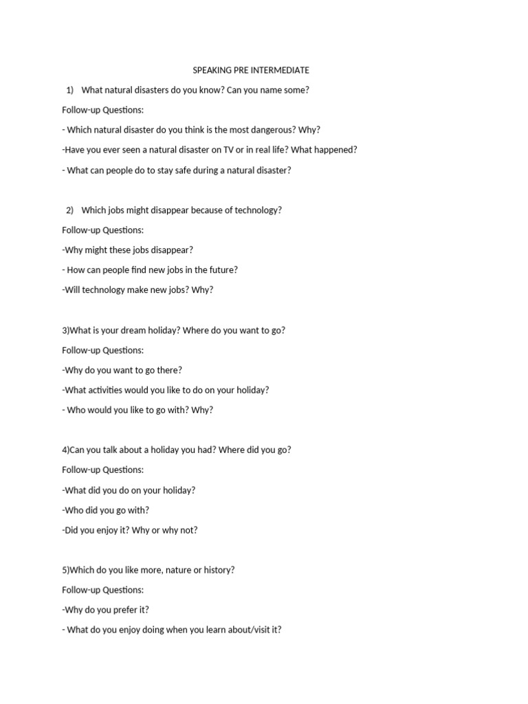 Pre-Intermediate Speaking Topics Guide | PDF