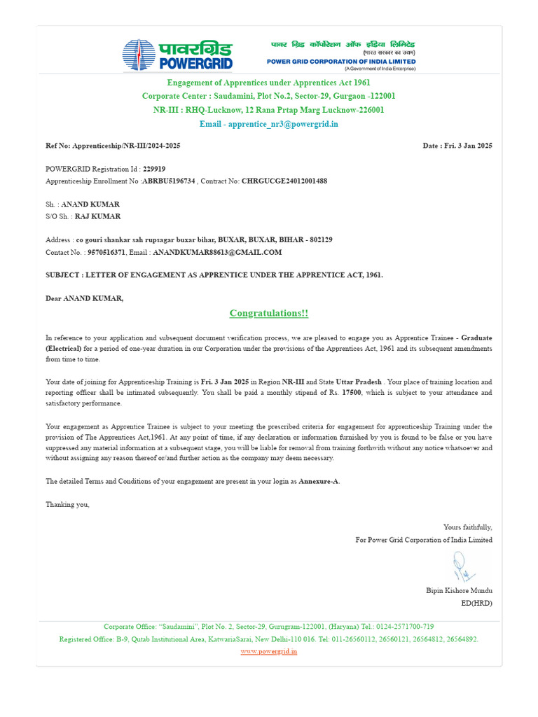 Apprentice Engagement Letter 2025 | PDF