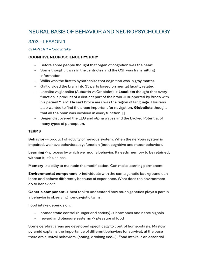Neural Basis of Behavior and Neuropsychology | PDF | Leptin | Eating