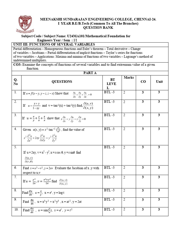 Functions of Several Variables Question Bank | PDF | Derivative ...