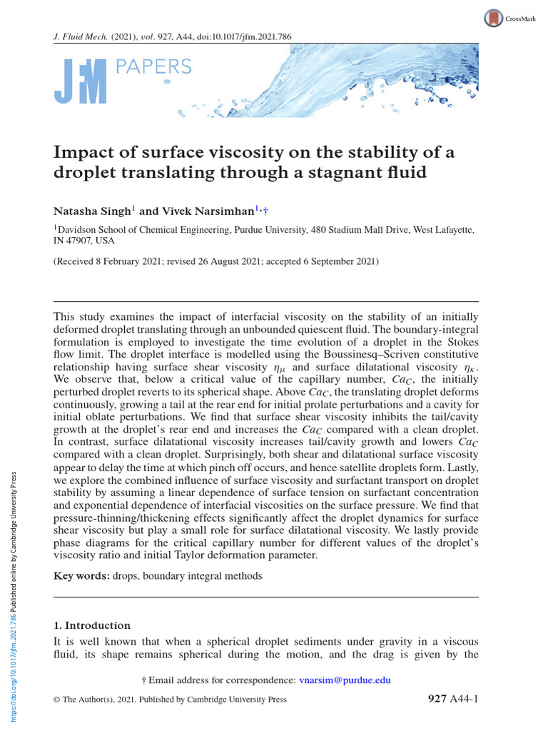 Impact of Surface Viscosity on the Stability of a Droplet Translating ...