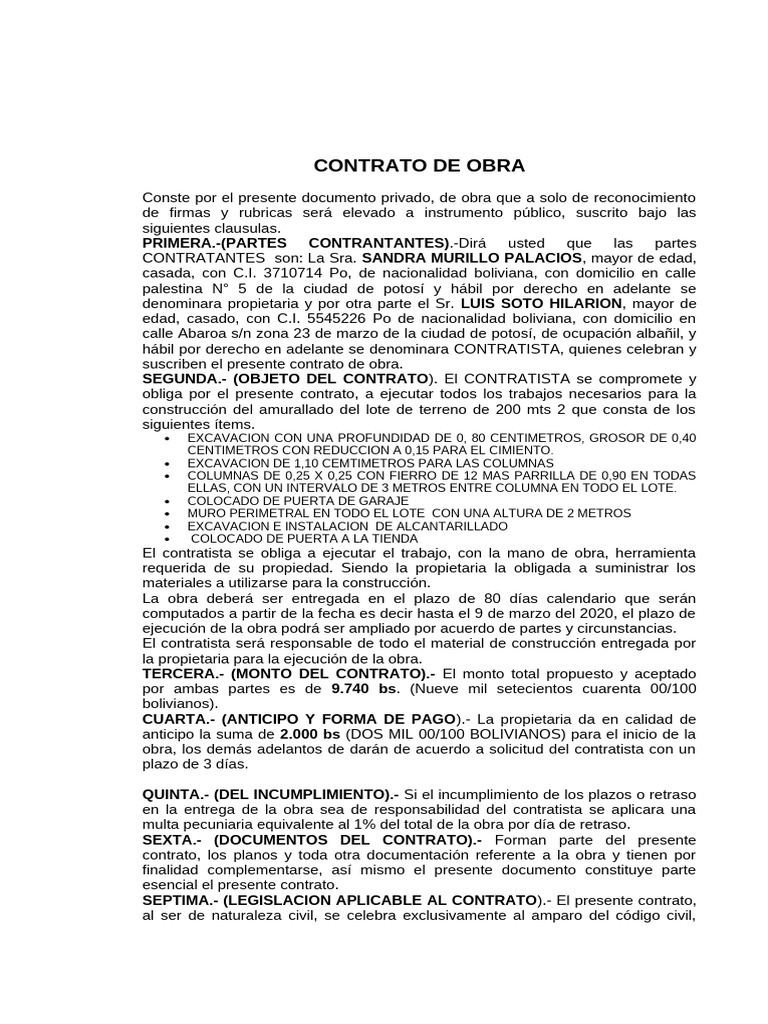 Contratos de Obra en Potosí, Bolivia | PDF | Multa (pena) | Derecho ...