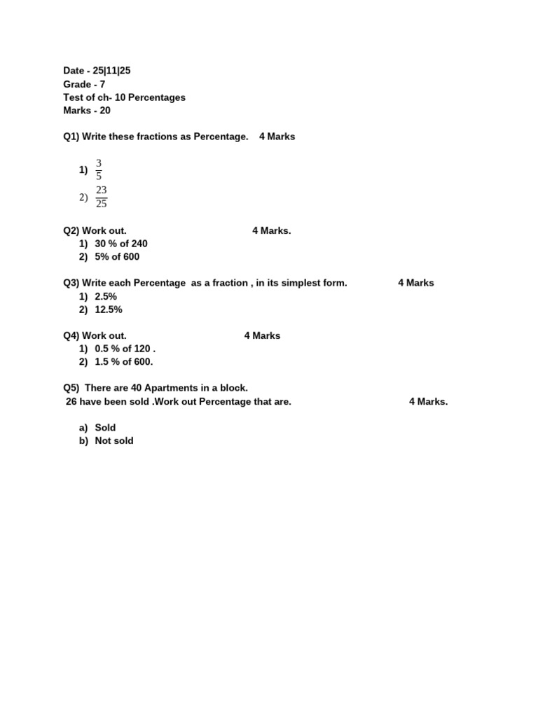 Grade 7 Percentages Test Questions | PDF