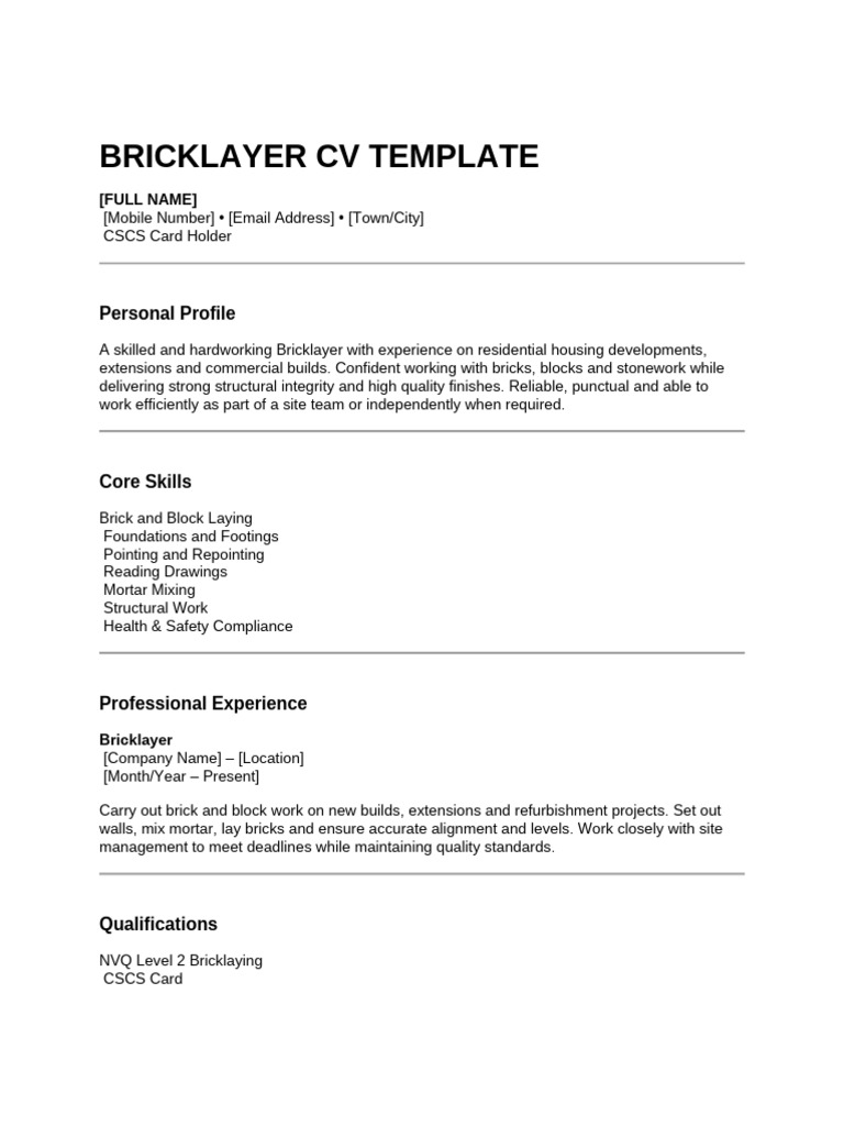 Bricklayer CV Template Guide | PDF