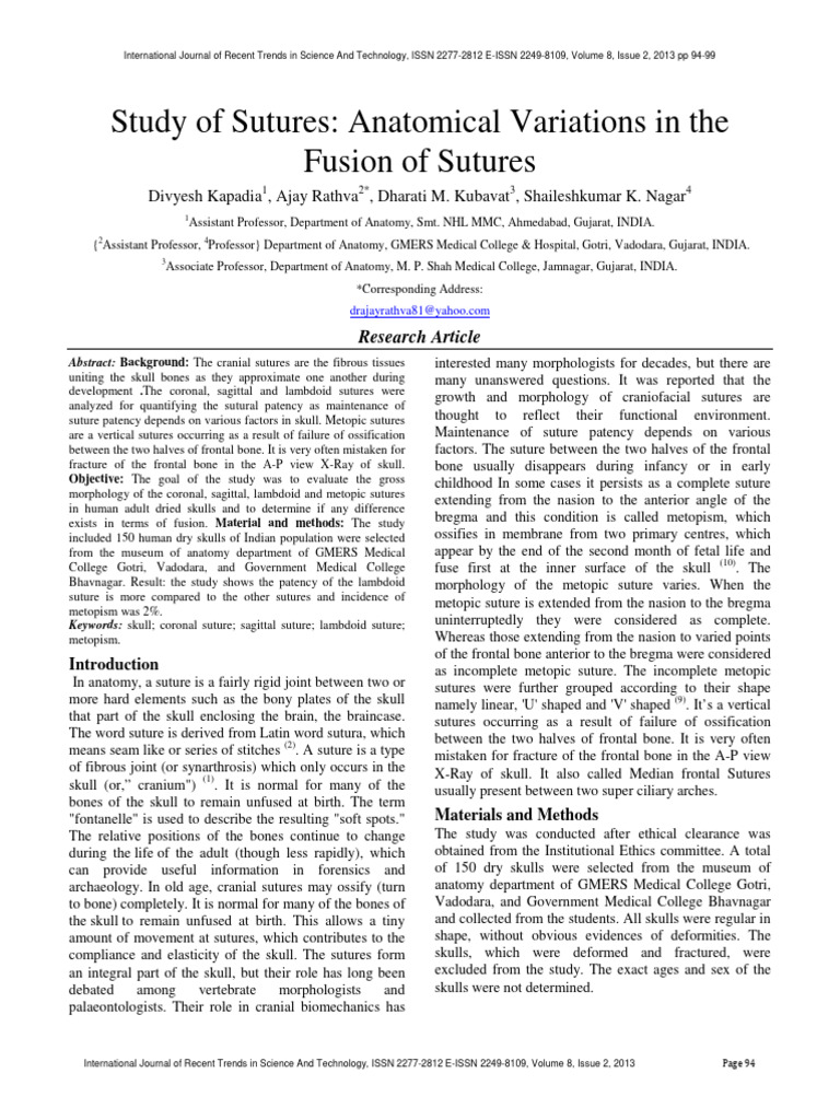 Study of Sutures Anatomical Variations I | PDF | Skull | Bone