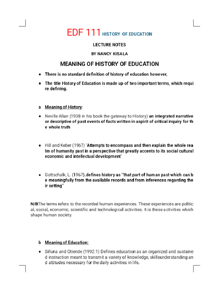 Edf 111 History of Education Notes by Nancy Kisala - Phoenix | PDF