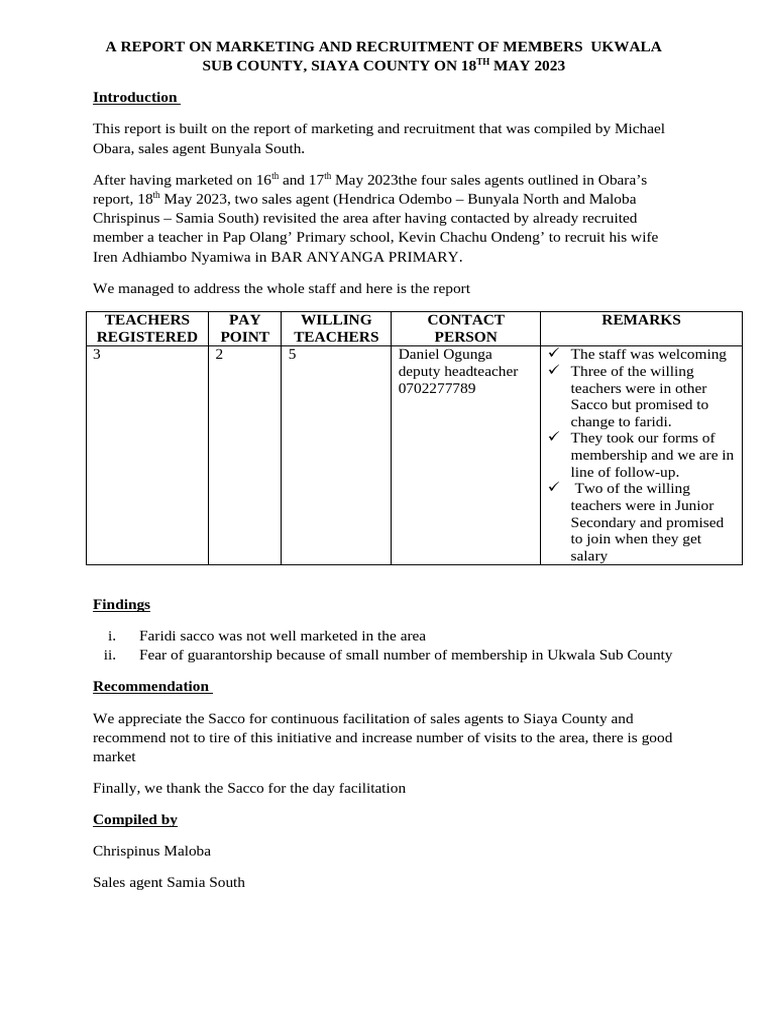 A Report on Marketing and Recruitment of Members Ukwala Sub County ...