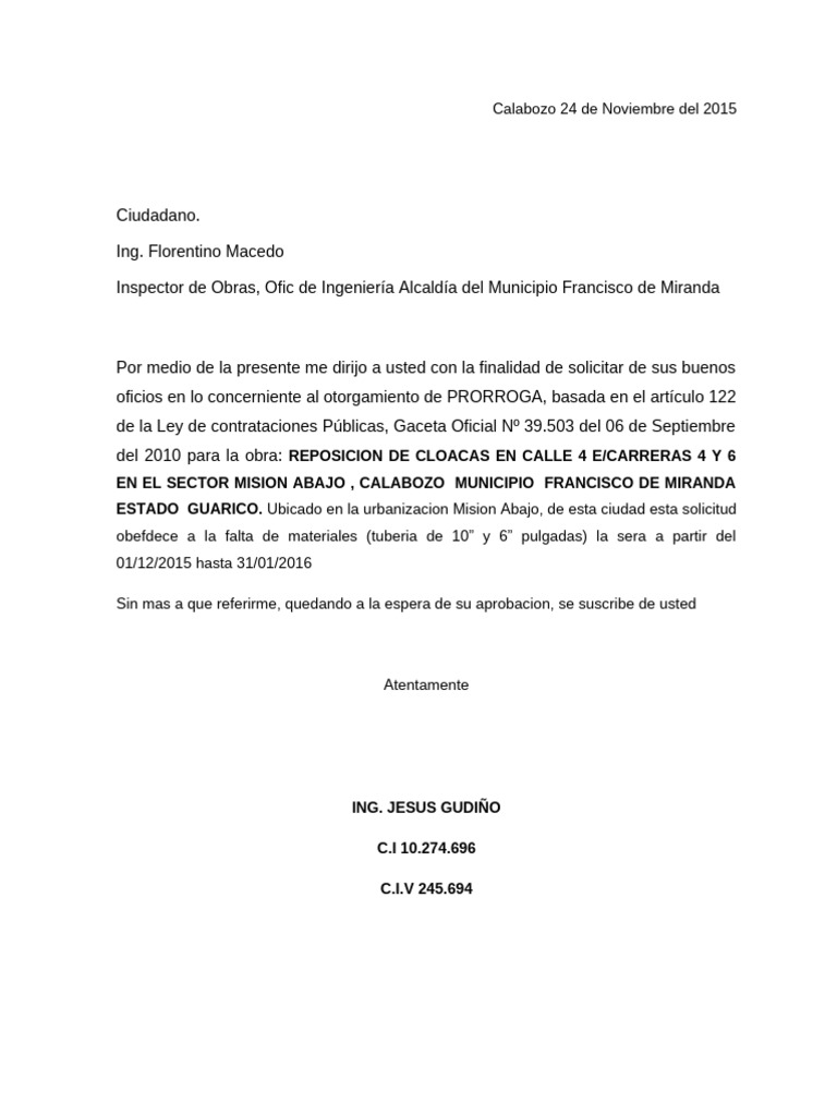 Solicitud de Prórroga para Obra de Cloacas | PDF