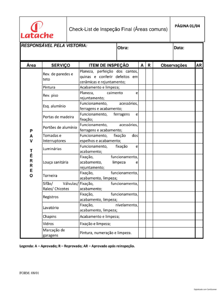 FORM. 08 V01 - Check-List de Inspeção Final (Áreas Comuns) | PDF