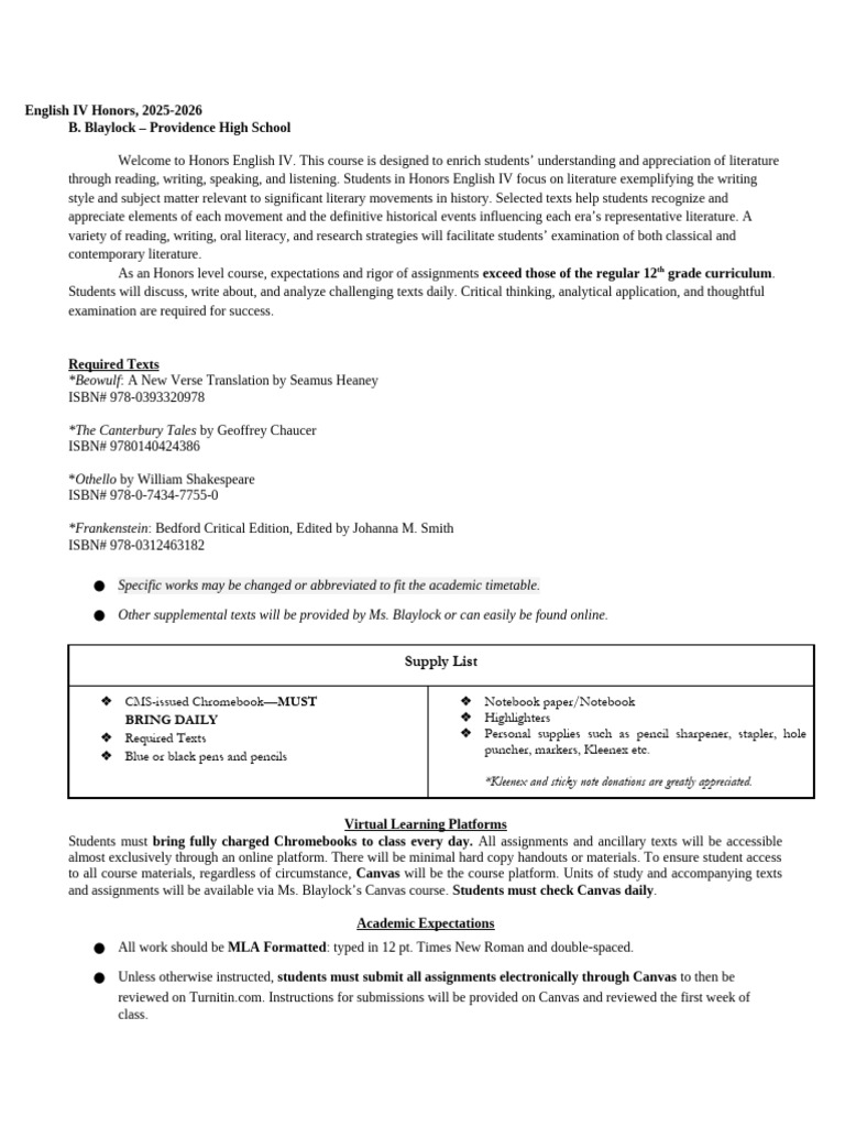 Honors English IV Course Overview 2025-2026 | PDF | Plagiarism | Homework
