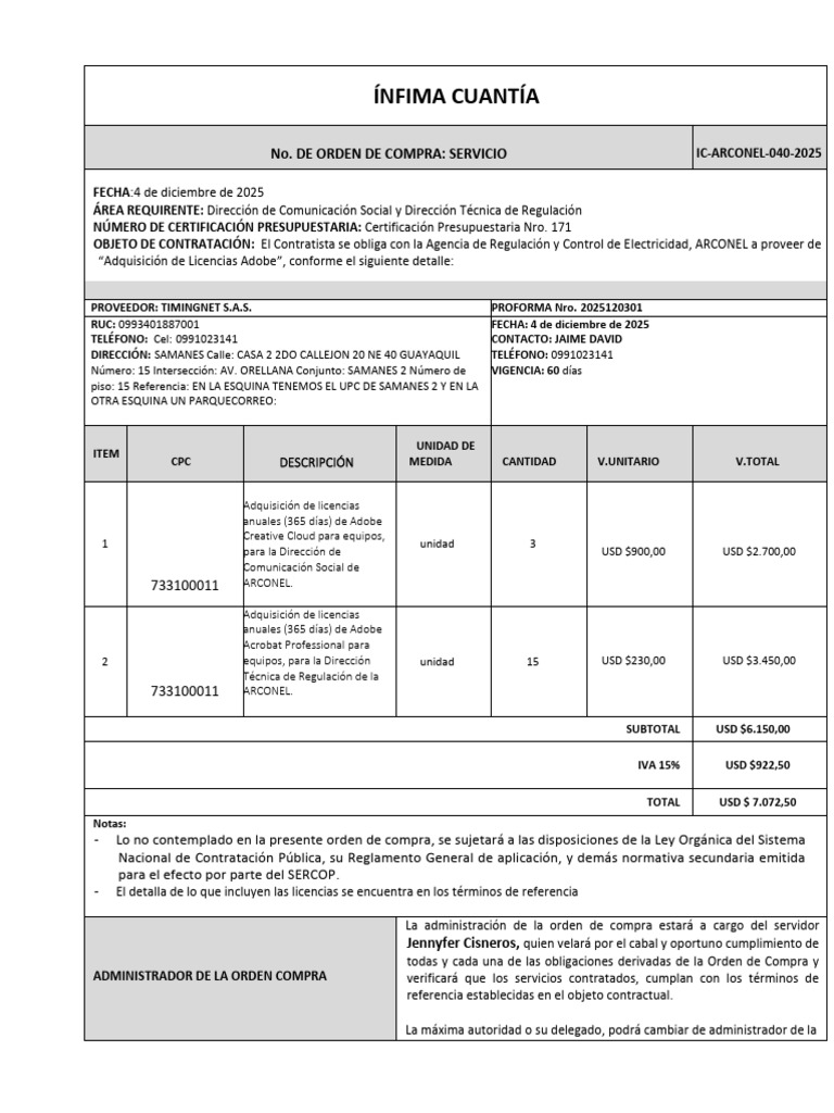 Ínfima Cuantía: No. de Orden de Compra: Servicio | PDF | Multa (pena ...