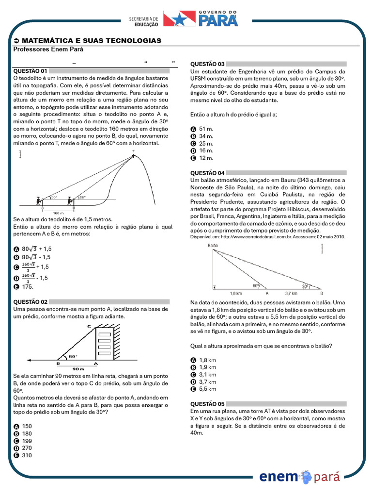 Trigonometria: Questões e Respostas ENEM | PDF