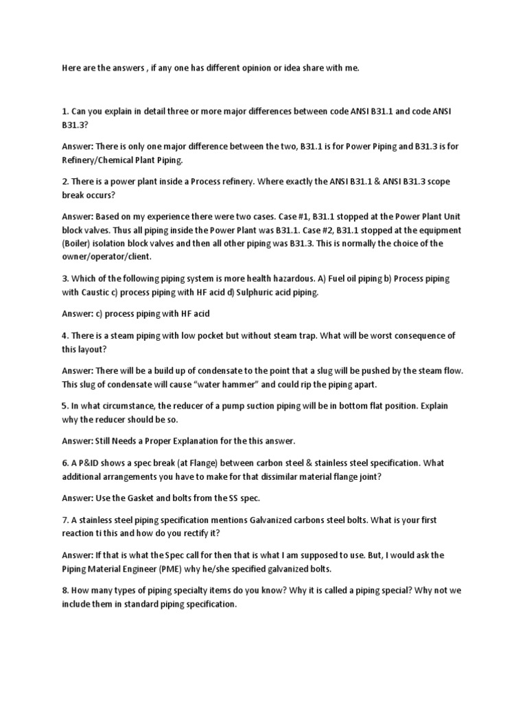 PIPING Questions and Answers PDF Valve Pipe (Fluid Conveyance)