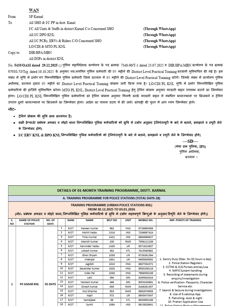 Distt Level Field Training Dec, 2025 | PDF